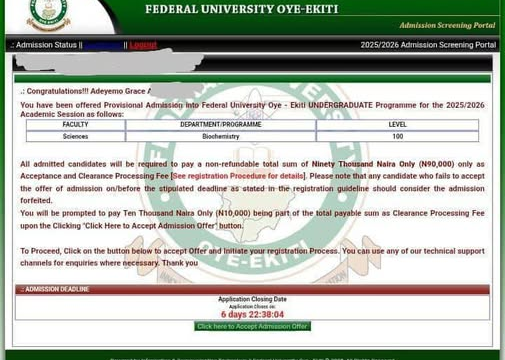 FUOYE Releases 2025/2026 Admission List on School Portal