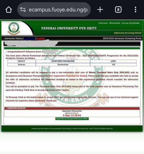 FUOYE Releases 2025/2026 Admission List on School Portal